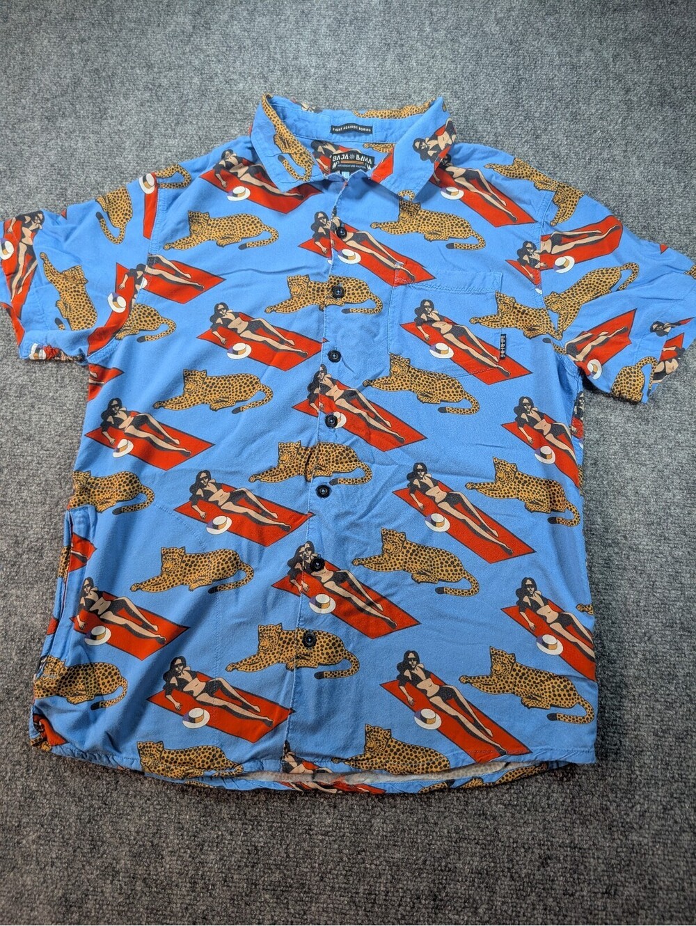 Baja Llama Mens Purrfect Woman Shirt Blue Nighthawk Button Up Viscose Size Large